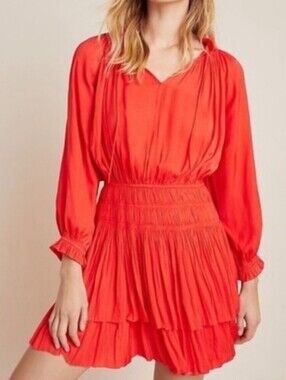 Anthropologie Current Air Poppy Red Smocked Waist Mini Dress Size Small